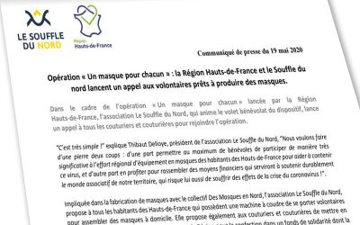 Opération « Un masque pour chacun » : la Région Hauts-de-France et le Souffle du Nord lancent un appel aux volontaires prêts à produire des masques